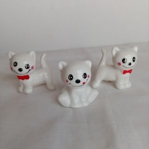 Vtg. White Porcelain Mini Cat Figurines with Red Accents Lot Of 3